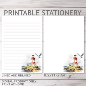 Leuchtturm Möwe Ozean Briefpapier liniert und unliniert in A4 und 8,5 x 11 US Letter Größe Print at Home Strand Meer gezeichnetes Briefpapier