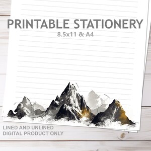 Bloco de notas para impressão Mountain Range Ink Saver, pautado, tamanho A4 e 8,5 x 11, tamanho carta dos EUA, papel para escrever cartas Nature Print at Home