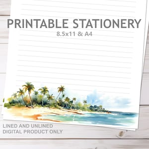 Papelería imprimible de playa de isla tropical con líneas y sin líneas en tamaño A4 y 8,5 x 11, juego de papelería para imprimir en casa, papel de escribir tamaño carta
