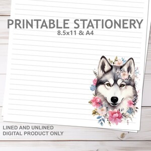 Husky und Blumen Briefpapier liniert und unliniert zum ausdrucken in A4 und 8,5x11 US Letter Größe | Print at Home Briefpapier gefüttert mit Hund