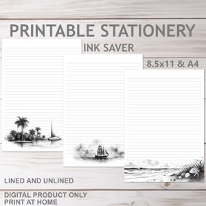Ink Saver Strand Segelboot Graustufen Briefpapier in A4 und 8,5 x 11 US Letter Größe druckbar | Print at Home Piratenschiff Boot gefüttert Briefpapier