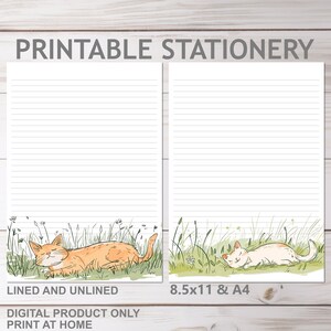 Niedliche Katzen im Gras Briefpapier zum Ausdrucken in A4 und 8,5 x 11 US Letter Größe | Print at Home liniertes und nicht liniertes Kinder Briefpapier