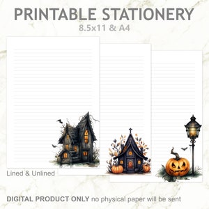 Set di Halloween carta da lettere stampabile a righe e senza righe in formato A4 e 8,5x11 US Letter / Carta da lettere con zucca di Halloween e lanterna di Jack-O'-Lantern
