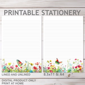 Schmetterling Blumen Frühling Wildblumen Printable Briefpapier Liniert keine Linien A4 und 8.5x11 US Letter Size Print at Home Floral Briefpapier