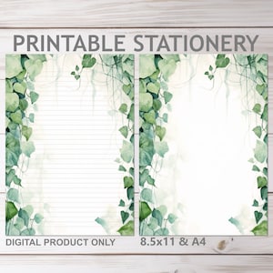 Conjunto de papelaria para impressão da natureza com folhas de hera e videiras, pautado e sem pauta, em tamanho A4 e 8,5 x 11, para impressão em casa, tamanho carta e papel de carta A4