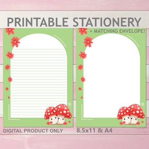 Lindos hongos Kawaii Papelería imprimible Forrado y sin forro A4 y 8.5x11 Tamaño carta EE. UU. Impresión en casa Papel y sobre con tapa roja y blanca