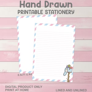 May include: Hand-drawn printable stationery with a pink and blue border design. The image shows lined and unlined paper, with the text "Hand Drawn Printable Stationery". The paper is available in 8.5x11 and A4 sizes. A mailbox illustration is in the corner.