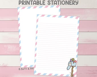 Papelería imprimible con forma de buzón de caracol, tamaño A4, 8,5 x 11 pulgadas, carta de EE. UU. - Kit de amigos por correspondencia Kawaii, diario rayado, papel para escribir, bloc de notas de papel para imprimir en casa