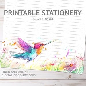 Papelería imprimible de flores silvestres de colibrí en tamaño carta de EE. UU. A4 y 8,5 x 11, impresión en casa, sin líneas, papel de escritura colorido para amigos por correspondencia