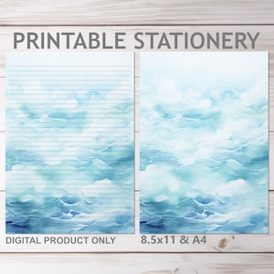 Carta da lettere JW Stationery stampabile con onde dell'oceano, a righe e non, in formato A4 e 8,5x11 US Letter, stampa a casa, spiaggia, mare, natura, carta da lettere a righe