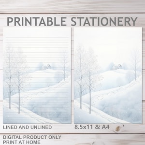 Carta da lettere stampabile Snowy Winter Hills in formato A4 e 8,5x11 US Letter, carta da lettere a righe per diario di Natale in montagna