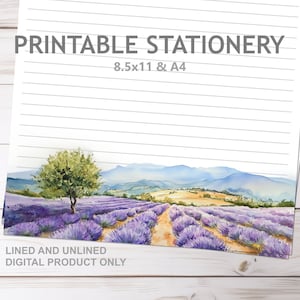 Papel de carta digital para impressão Lavender Flower Fields, pautado e sem pauta, tamanho A4 e 8,5 x 11, para impressão em casa, papel para escrever Mountains