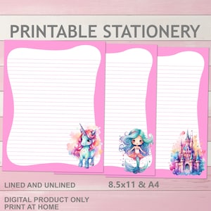 Unicorno Sirena Castello Magico stampabile per bambini Penpal Cancelleria foderata e sfoderata A4 e 8,5x11 formato lettera USA Stampa a casa Carta Kawaii carina