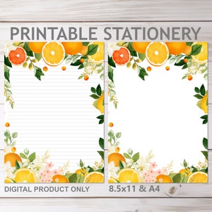 Papelería imprimible con diseño de cítricos y flores naranjas, rayada y sin rayar, en tamaño A4 y carta de EE. UU. de 8,5 x 11 pulgadas / Papel de escritura con rayas florales para imprimir en casa