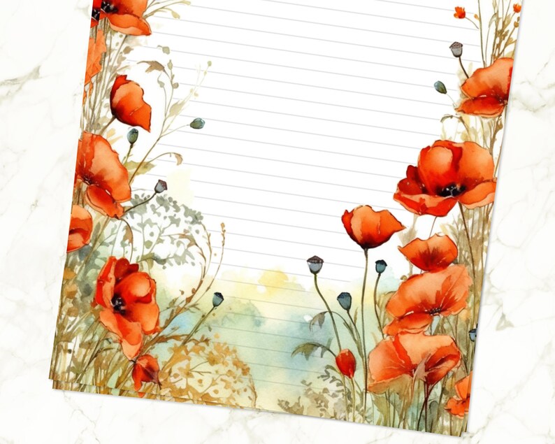 Poppies Flowers Watercolor Printable Stationery Set Lined and - Etsy