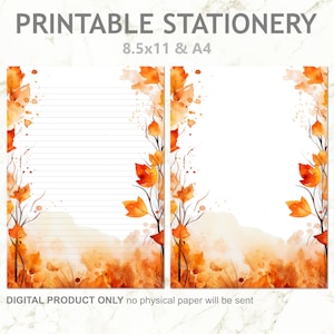 Papelería imprimible con temática de otoño, hojas de otoño, con y sin forro, en tamaño carta A4 y 8,5 x 11 pulgadas. Papel de notas digital para imprimir en casa.