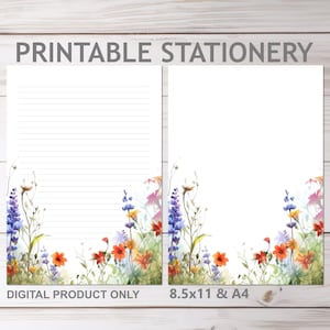 Wildblumen Briefpapier Liniert und Unliniert in A4 und 8,5x11 US Letter Größe | Print at Home Blumen liniertes Briefpapier ohne Linien