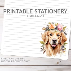 Golden Retriever Blumen Printable Briefpapier Liniert und Unliniert A4 und 8,5 x 11 US Letter Size | Print at Home Briefpapier gefüttert mit Hund