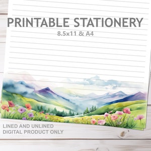 Berg Blumen Aquarell Briefpapier liniert und unliniert A4 und 8.5x11 US Letter Size Print at Home Nature JW liniertes Briefpapier
