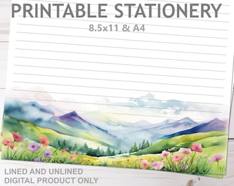 Mountain Flowers Watercolor Printable Stationery Lined and Unlined A4 and 8.5x11 US Letter Size Print at Home Nature JW Lined Writing Paper