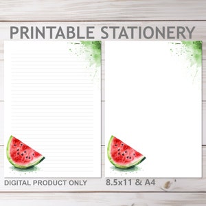 Papelaria para impressão em melancia aquarela forrada e sem forro em A4 e 8,5x11 Carta impressa em casa Conjunto de papelaria papel para escrever tamanho carta