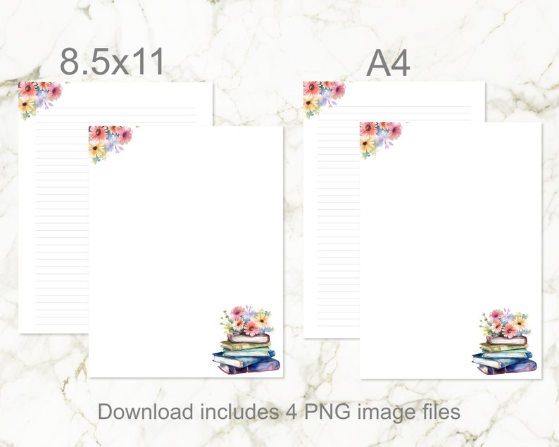 Stack of Books With Flowers Printable Stationery Set Lined and Unlined ...
