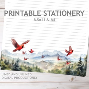 Papelaria para impressão Red Cardinals Mountain, pautada e sem pauta, em tamanho A4 e 8,5x11 (EUA) | Papel pautado para escrever Mountains, para imprimir em casa