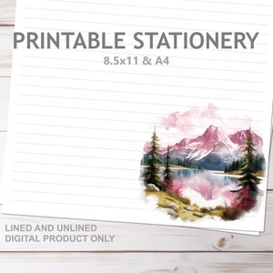 Rosa Berg JW Briefpapier Liniert und Unliniert in A4 und 8,5 x 11 US Letter Größe Druck zu Hause Natur See Wald Liniertes Schreibpapier
