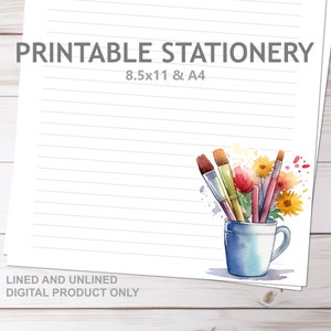 Künstler Pinsel Becher Printable Briefpapier Notizblock Liniert A4 und 8.5x11 US Letter Size Art and Blumen Print at Home Briefpapier