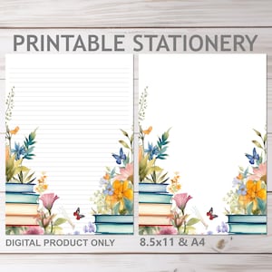 Bücher und Blumen JW Briefpapier liniert und unliniert in A4 und 8,5x11 US Letter Größe | Print at Home Floral gefüttertes Briefpapier