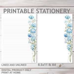 Papelería imprimible con flores de primavera de hortensias, con y sin forro, tamaño A4 y carta de EE. UU. de 8,5 x 11, para imprimir en casa, papel de escritura con líneas florales