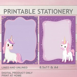 Papelaria para correspondência infantil com unicórnios fofos, forrados e sem forro, tamanho A4 e 8,5 x 11, tamanho carta dos EUA, para impressão em casa, papel para correspondência de unicórnio kawaii