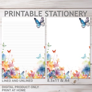 Wildblumen Schmetterling Frühlingsblumen Printable Briefpapier Liniert keine Linien A4 und 8.5x11 US Letter Size Print at Home Floral Briefpapier