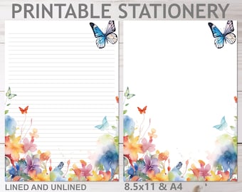 Wildflower Butterfly Spring Flowers Printable Stationery Lined no lines A4 and 8.5x11 US Letter Size Print at Home Floral Writing Paper