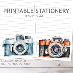 Vintage Kamera Druckbares Briefpapier Liniert & Unliniert A4 und 8.5 x 11 US Letter Size Print at Home Urlaub Urlaub Themed Briefpapier
