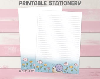 Conjunto de Papelaria Imprimível Jardim de Caracóis A4 (8,5 x 11 polegadas) - Kit para Correspondência com Flores Fofas, Caderno de Anotações com Linhas para Imprimir em Casa