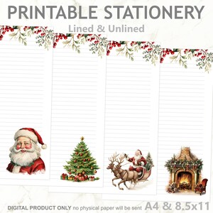 Set di cancelleria natalizia vintage stampabile a righe e senza righe in formato A4 e 8,5x11 US Letter / Carta da scrittura con slitta di Babbo Natale e renne