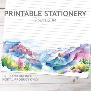 Wüste Berg Sonnenuntergang Briefpapier Liniert und Unliniert in A4 und 8,5x11 US Letter Größe Print at Home River Mountains Briefpapier