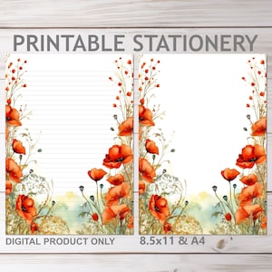 Poppies Flowers Watercolor Printable Stationery Set Lined and Unlined in A4 and 8.5x11 Letter Size Cottagecore Print at Home Writing Paper