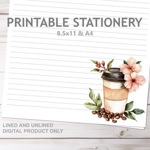 Papelería imprimible con forma de taza de café en tamaño A4 y carta de EE. UU. de 8,5 x 11 pulgadas. Impresión en casa. Papel rayado y sin líneas. Papel de escribir con diseño floral de Mom Cafe Beans para amigos por correspondencia.