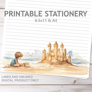 Junge Bau Sandburg am Strand Printable Briefpapier Liniert keine Linien A4 & 8.5x11 US Letter Size Print at Home Natur Ozean Briefpapier