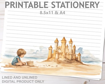 Boy Building Sandcastle on Beach Printable Stationery Lined no lines A4 & 8.5x11 US Letter Size Print at Home Nature Ocean Writing Paper