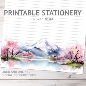 Berg Kirschblüte JW Briefpapier Liniert und Unliniert in A4 und 8.5x11 US Letter Größe Print at Home Floral Memo Briefpapier