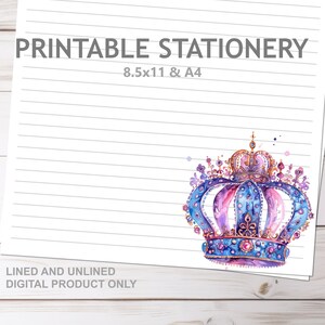 Papelaria imprimível Crown Queen Fantasy em tamanho A4 e 8,5x11 (carta americana) | Imprima em casa, pautado e sem linhas, papel de carta Royalty Tiara