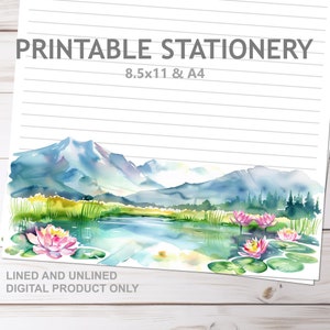 Papelería imprimible con diseño de nenúfares y flores de loto en tamaño A4 y carta de EE. UU. de 8,5 x 11 pulgadas. Papel para escribir floral con y sin líneas para imprimir en casa.