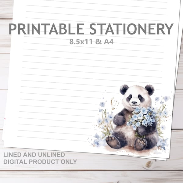 Ensemble de papeterie imprimable Panda avec fleurs et bambou avec et sans doublure au format A4 et 8,5 x 11 pouces Papier à lettres imprimé à la maison