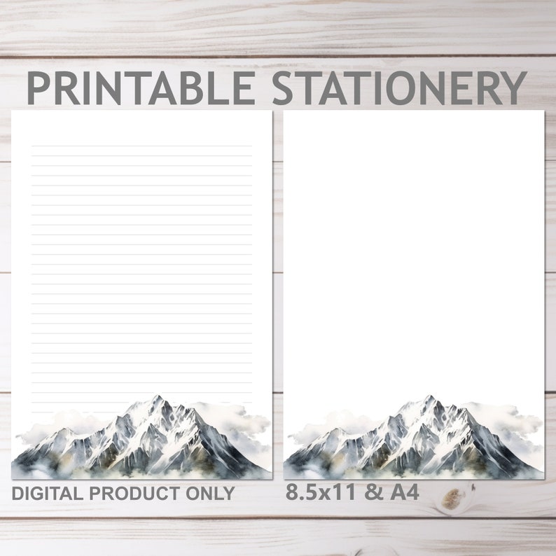 Watercolor Mountain Range Printable Stationery Lined and Unlined in A4 ...