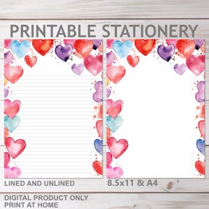 Papelería imprimible con corazones de San Valentín, con y sin rayas, en tamaño A4 y carta de EE. UU. de 8,5 x 11, para imprimir en casa, papel rayado para escribir con el mensaje "Aniversario de amor"