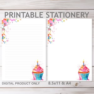 Geburtstag Cupcake Pink und Blau Briefpapier Set liniert und unliniert in A4 und 8.5x11 Letter Size Druck zu Hause Briefpapier