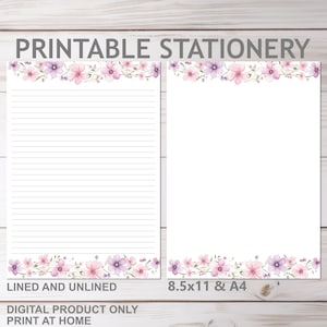 Papelería floral JW con flores moradas y rosas imprimible, con y sin forro, en tamaño A4 y carta de EE. UU. de 8,5 x 11 pulgadas, para imprimir en casa. Papel rayado para escribir.